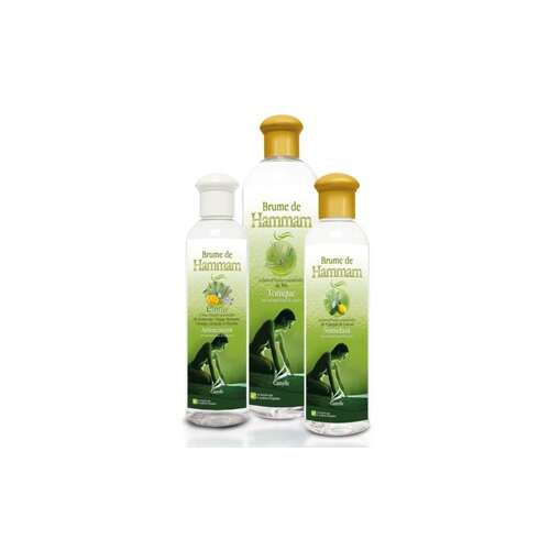 Three bottles of Brume de Hammam steam bath essence, with lemon and eucalyptus scent