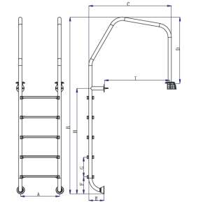 Technical drawing of Emaux OF515-S stainless steel pool ladder with perimeter grill, showing dimensions and details - Pool Ladder
