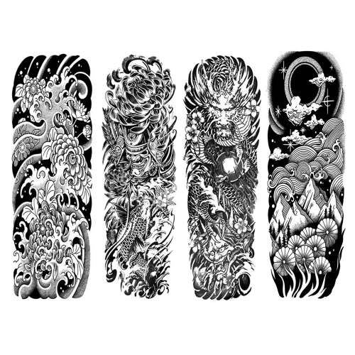 Set de 4 tatuaje temporare pentru mâneci, cu modele inspirate din cultura japoneză, inclusiv valuri, flori, dragoni și munți