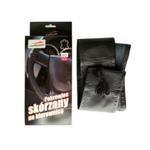 CarPassion black leather steering wheel cover, 39-41 cm, with string, for comfortable grip - CarPassion