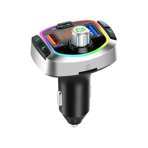 Modulator FM Bluetooth 5.0 Autoladegerät mit zwei USB-Anschlüssen und Type-C-Anschluss, silber und schwarz