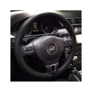 Black leather steering wheel cover installed on a car steering wheel - Car Steering Wheel Cover