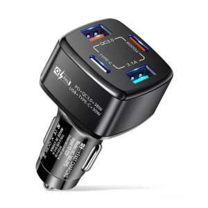 Black car charger with 2 USB ports and 2 Type-C ports, 38W fast charging, PD 20W and QC3.0 18W - Car Charger