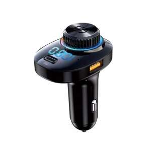 Black Bluetooth FM Transmitter with USB and Type-C charging ports, 22.5W Fast Charge, LED display, and volume knob - Transmitter