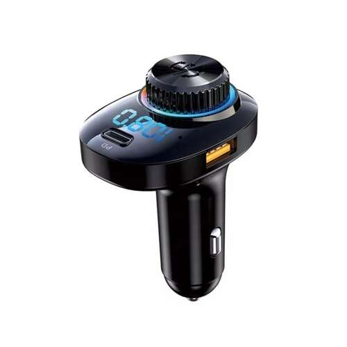 Black Bluetooth FM Transmitter with USB and Type-C charging ports, 22.5W Fast Charge, LED display, and volume knob