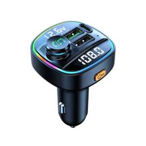 Черен автомобилен FM предавател с Bluetooth 5.0, два USB порта и порт Type-C, LED дисплей и цветна дишаща светлина - Предавател