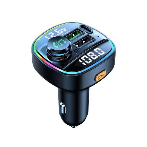 Черен автомобилен FM предавател с Bluetooth 5.0, два USB порта и порт Type-C, LED дисплей и цветна дишаща светлина