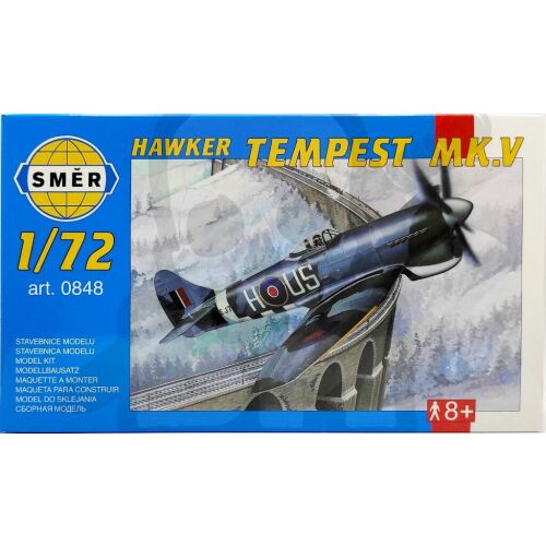 SMER 0848 Hawker Tempest Mk V 1:72 méretarányú modellkészlet dobozának művészete, részletes illusztrációval a repülőgépről akcióban - Modell és makett
