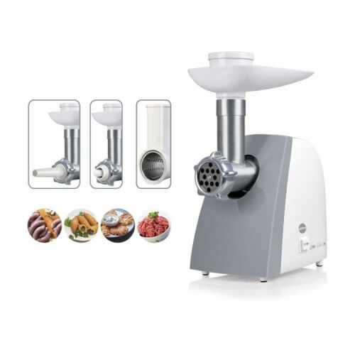 Eldom M200ZT Fleischwolf mit Aufsätzen und Lebensmittelbeispielen