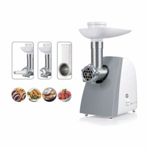 Eldom M200ZT meat grinder with attachments and food examples - Meat Grinder