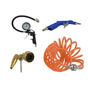 Geko G01167 compressor accessories set, 6 pieces, includes air inflator, blow gun, pressure gauge, hose, and ball needle - Compressor Accessory