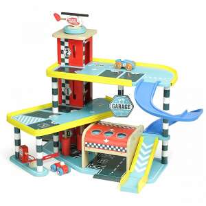 Vilacity Grand Garage wooden toy multi-level parking garage with lift, gas station, car wash, slide, helipad, and service station for toy cars - Motorway & Parking Garage