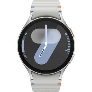 Samsung Galaxy Watch7 smartwatch, silver, 44mm, with white sport band, front view - Computers and Accessory