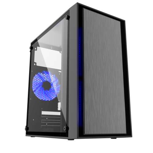Fornax 960B Computergehäuse, schwarz mit blauen LED-Leuchten, Seitenansicht mit gehärtetem Glaspanel