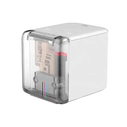 Mini hordozható többfelületű nyomtató, fehér, átlátszó burkolat, belső alkatrészek láthatóak