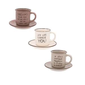 Set 3 cesti cafea, din ceramica, cu farfurii, model cu mesaj, 130 ml