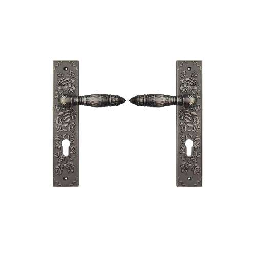 Antique chrome door handle with floral design, 85mm center to center, 250mm length, 50mm width