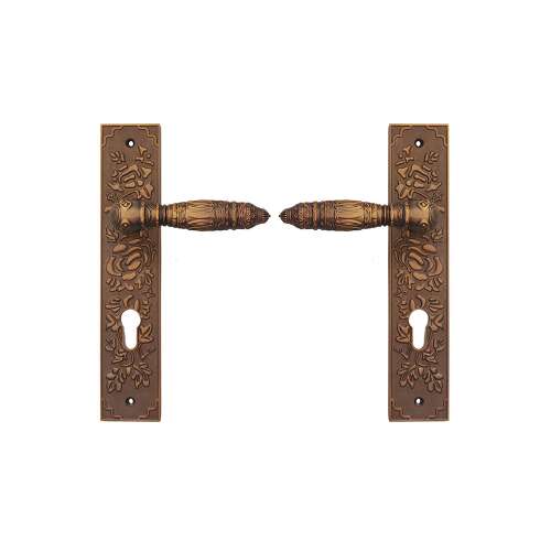 Brown Cast Iron Door and Gate Handles with Flower Pattern, 85 mm Center Distance, 250 mm Length, 50 mm Width