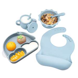 BLEKSY® Silicone Baby Feeding Set, Dusty Blue, includes bib, plate with lid, bowl with suction cup, cup with straw, spoon and fork - Children's dinnerware set