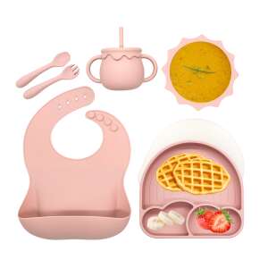 BLEKSY® Silicone Baby Feeding Set, Pink, with bib, suction bowl, plate with lid, cup, spoon and fork - Children's dinnerware set