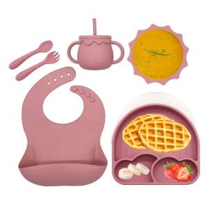 BLEKSY® silicone baby feeding set, includes bib, suction bowl, plate with lid, cup, spoon and fork, pink - Children's dinnerware set