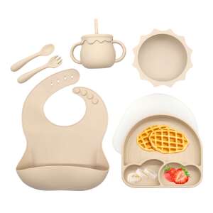 BLEKSY® Silicone Baby Feeding Set, Beige, Includes Bib, Bowl with Suction Cup, Plate with Lid, Cup, Spoon and Fork - Children's dinnerware set