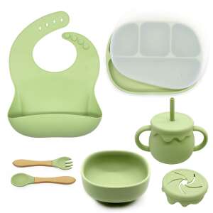 BLEKSY® Silicone Baby Feeding Set, Olive Green, Includes Bib, Suction Bowl, Plate with Lid, Cup, Spoon, Fork, and No Allergens - Children's dinnerware set