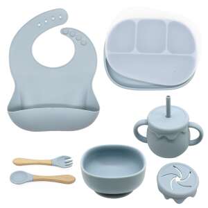 BLEKSY® Silicone Baby Feeding Set, Blue, includes bib, suction bowl, plate with lid, cup with straw, spoon and fork, BPA free - Children's dinnerware set