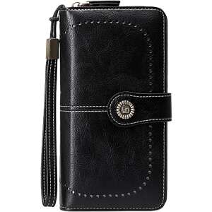 Čierna kožená peňaženka pre ženy, značka BLEKSY, s blokovaním RFID, zipsom a remienkom na zápästie - Dámske peňaženky