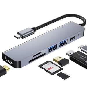 HUB adapter 6 az 1-ben, BLEKSY®, 1 USB-C – HDMI 4K 30HZ, 1x USB 3.0, 1x USB 2.0, tápellátási port 87 W / TF és SD-kártyaolvasó, dokkoló állomás MacBook Air/Pro és laptop számára