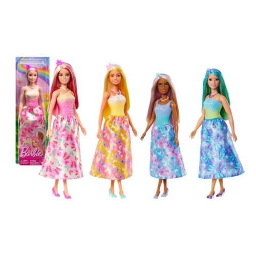 Barbie Dreamtopia Hercegnő baba, 4 babából álló készlet, különböző hajszínekkel és ruhákkal, minden baba gyönyörű virágmintás ruhát és tiarát visel 
