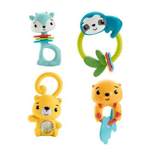 Fisher-Price Sensimals Rattle Toys Collage, featuring a fawn, sloth, bear, and otter