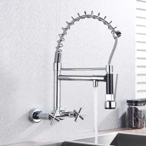 Blackswan M2 kitchen faucet, chrome, wall mounted, dual spout, 44 cm, installed in a kitchen sink