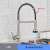 Blackswan M155 kitchen faucet with LED light, brushed nickel finish, pull-down sprayer, close-up of the LED light and black hose