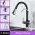 Blackswan M189 kitchen faucet with filtered water outlet and pause button, black/chrome model, 40 cm, showing the 3 water modes: spray, stream, and pure water