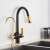 Blackswan M190 kitchen faucet with pull-out sprayer, black and gold finish, installed in a kitchen sink