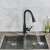 Blackswan M224 kitchen faucet, matte black, pull-out spray, single lever, 360 degree rotation, installed in a kitchen sink