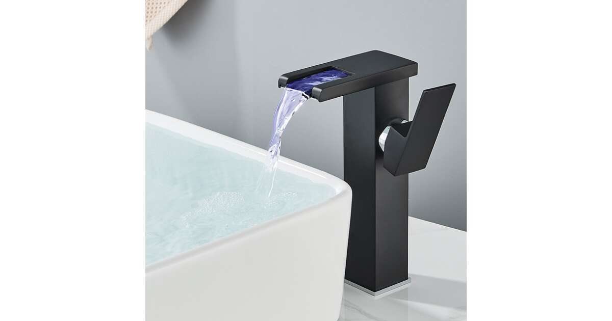 Bathroom sink faucet, Blackswan, M187 type, high black model with waterfall tap and LED, size 24 cm 102640856