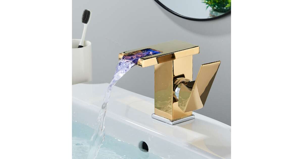 Bathroom sink faucet, Blackswan, M191 type, short gold/chrome model with waterfall faucet and LED, 12.5 cm 102640899