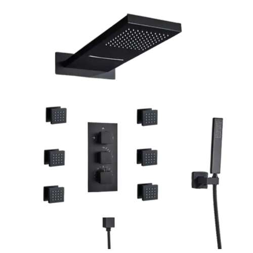Blackswan M73.32 Matt Black Shower System with Rainfall Shower Head, Hand Shower, and Body Jets