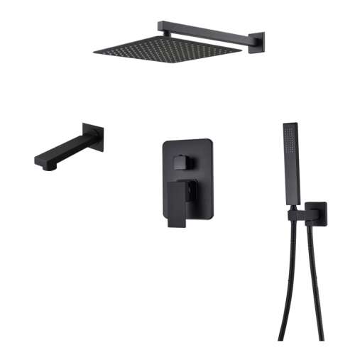 Set de duș Blackswan M73.58 negru mat cu duș de plafon pătrat, duș de mână și robinet termostatic