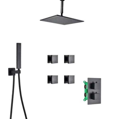 Blackswan M73.59 shower set with overhead shower, handheld shower, and body jets in matte black