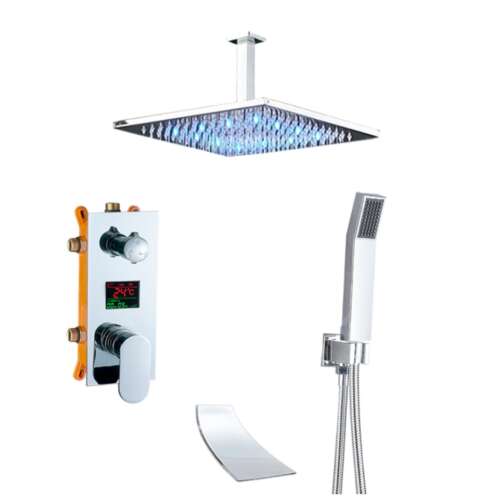 Set de duș Blackswan M2.4, crom, 40 cm, cu duș LED, valvă digitală, duș de mână și gura de scurgere a cascadei