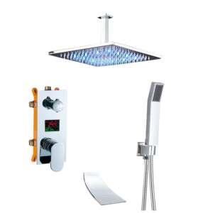 Zestaw prysznicowy Blackswan M2.4, chrom, 40 cm, z głowicą prysznicową LED, zaworem cyfrowym, prysznicem ręcznym i wylewką wodospadową - Zestaw prysznicowy