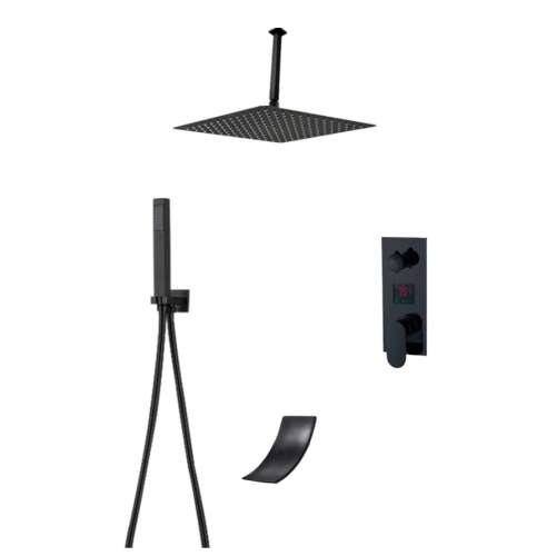 Blackswan M3.10 Smart Duschset, matt schwarz, 30 cm, inklusive Kopfbrause, Handbrause, Thermostatventil und Wasserfall-Auslauf