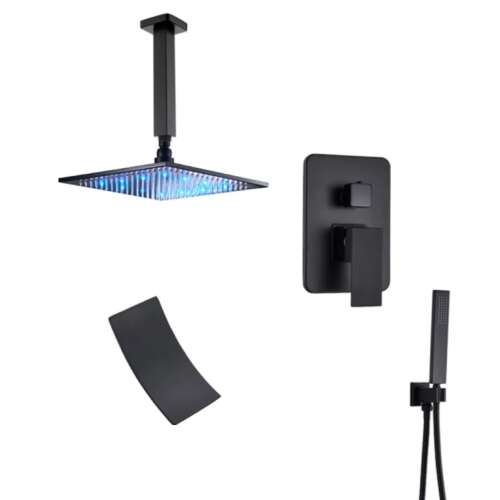 Blackswan M3.13 LED shower set, matt black, 40 cm, with overhead shower, handheld shower, and waterfall spout