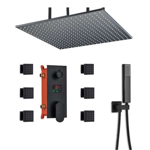 Zestaw prysznicowy Blackswan M93 Matt Black SPA z 20-calową deszczownicą, wyświetlaczem cyfrowym, prysznicem ręcznym i uchwytem ściennym