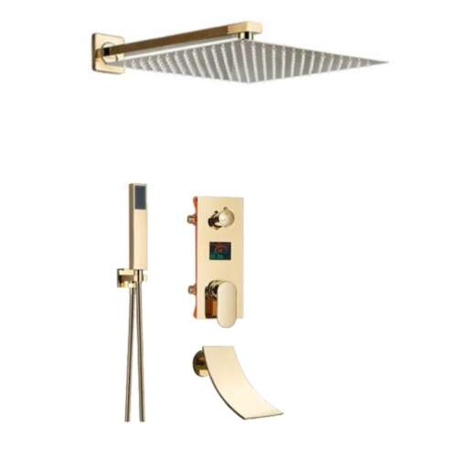 Set baterie dus, Blackswan, Tip M60.13, model auriu lucios cu pipa cascada, dimensiune 30 cm