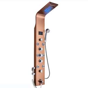 Duschpaneel in Roségold mit LED-Leuchten, digitalem Display und Handbrause - Brausegarnitur