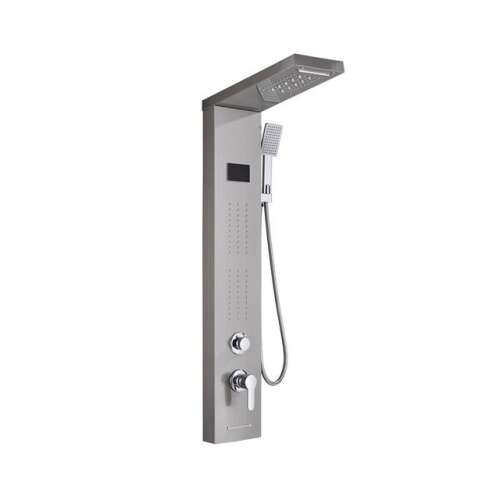 Blackswan M8011 shower panel with waterfall shower head, digital display, LED lights, and spa jets, nickel finish